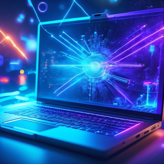 An illustration of a downloading arrow bursting out of a laptop screen, surrounded by glowing gears, clockwork mechanisms, and sparks, set against a dark blue background with neon circuitry patterns.