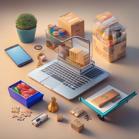 A stylized illustration of a laptop displaying an ecommerce website with a cart overflowing with products, surrounded by puzzle pieces and gears, conveying a sense of efficiency and solution-finding.