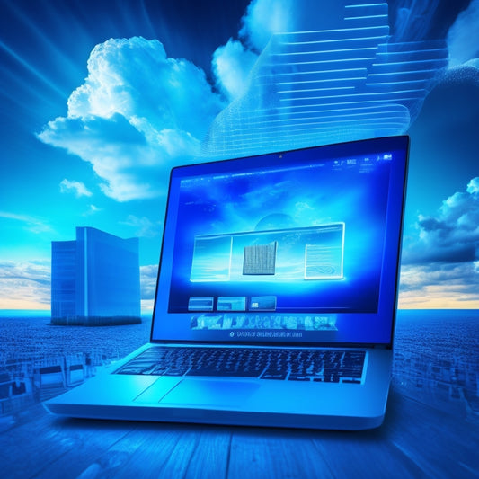 A stylized illustration of a laptop screen displaying a digital download folder, surrounded by swirling clouds and glowing blue circuits, with a subtle shopping cart icon in the top-right corner.