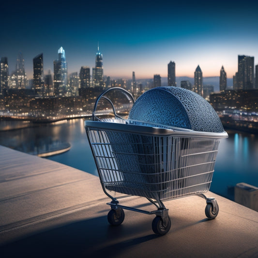 A shield protecting a shopping cart, with a subtle cityscape in the background, surrounded by faint, swirling patterns of code and locks, conveying security and protection.