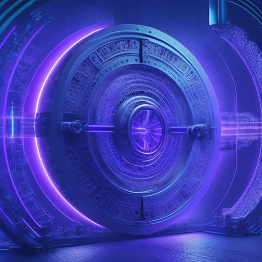 A stylized, futuristic keyhole with glowing blue circuits and wires surrounding it, set against a dark gray and purple ombre background with subtle, swirling patterns.