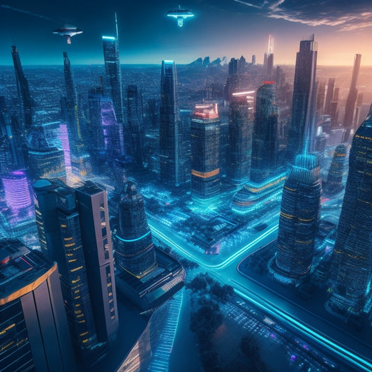 A futuristic cityscape with sleek skyscrapers, neon-lit streets, and holographic advertisements floating above, surrounded by orbiting drones, robots, and virtual reality headsets, set against a backdrop of circuit boards and wires.
