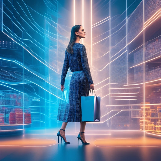 A futuristic, minimalist illustration of a woman (Julie Mathers) standing in front of a giant, glowing online shopping cart, surrounded by swirling digital code and stylized retail icons.