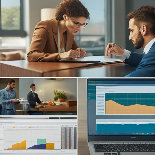 A split-screen image featuring a laptop with a digital product download page on the screen, contrasted with a financial analyst studying a spreadsheet with various charts and graphs.