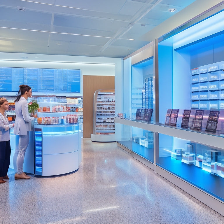 A futuristic retail store with sleek shelves and minimalist decor, featuring a central hub with a large touchscreen display surrounded by happy customers and efficient sales associates using tablets and scanners.