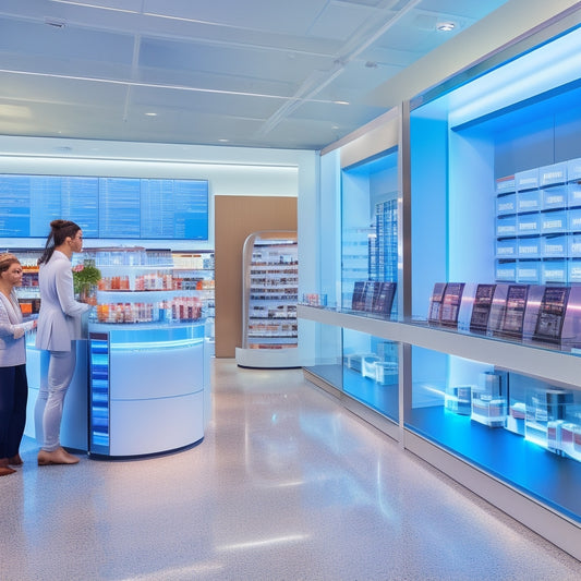 A futuristic retail store with sleek shelves and minimalist decor, featuring a central hub with a large touchscreen display surrounded by happy customers and efficient sales associates using tablets and scanners.