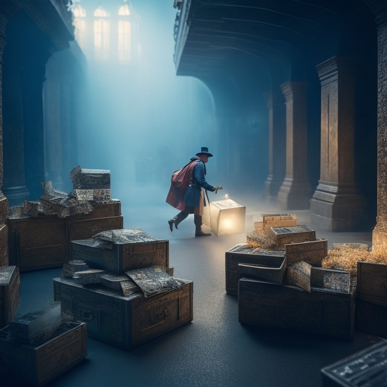 A maze with a merchant navigating through it, surrounded by puzzle pieces and broken credit cards, with a faint image of a treasure chest in the background, shrouded in mist.