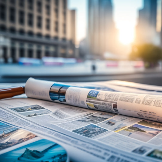 An open newspaper with a magnifying glass hovering over a section, surrounded by scattered papers, folders, and a miniature Shopify storefront icon, all set against a blurred cityscape background.