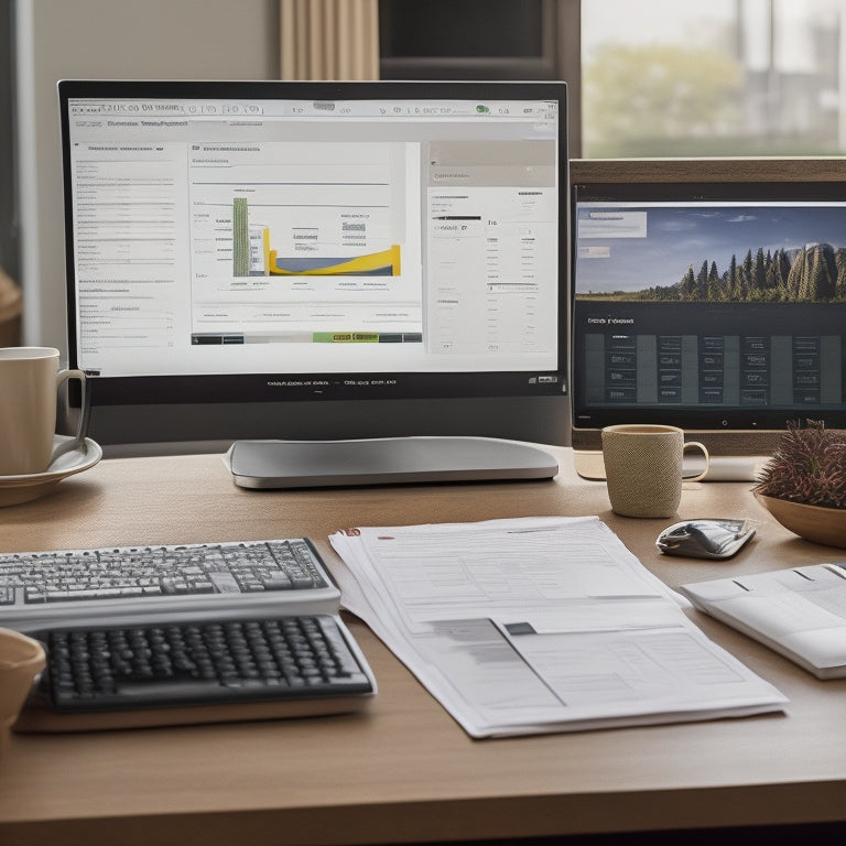 A computer screen displaying QuickBooks Payments dashboard with various tabs and menus, surrounded by organized papers, pens, and a calculator on a tidy office desk.