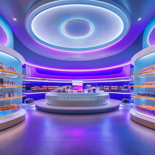 A futuristic, high-tech retail store with sleek shelves and holographic product displays, surrounded by a swirling vortex of light, symbolizing innovation and disruption in the retail industry.