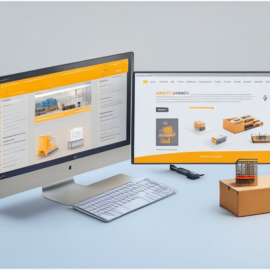 An illustration of a digital product delivery process, featuring a stylized ecommerce website on a laptop screen, with a series of connected nodes and lines representing efficient data flow.