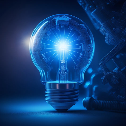 A stylized illustration of a glowing lightbulb surrounded by gears, cogs, and sparks, set against a dark blue background with subtle gradient effects, conveying innovation and business success.