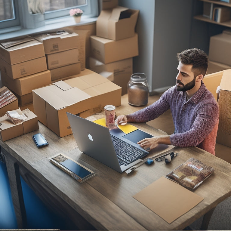 An illustration of a person sitting in front of a computer, surrounded by boxes and packages, with a satisfied expression, as digital files and products flow into the computer from the air.