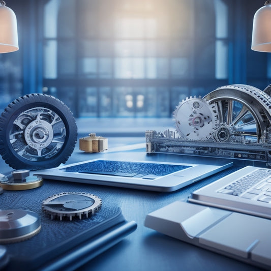 An illustration of a streamlined conveyor belt with various digital products (laptops, tablets, smartphones) moving smoothly through it, surrounded by minimalist icons of gears, clouds, and clockwork mechanisms.