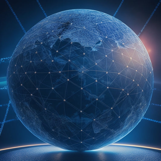 A stylized globe with connected nodes and pulsing lines, surrounded by a halo of light, sitting atop a blueprint with intricate networks and pathways, set against a dark blue background with subtle grid patterns.