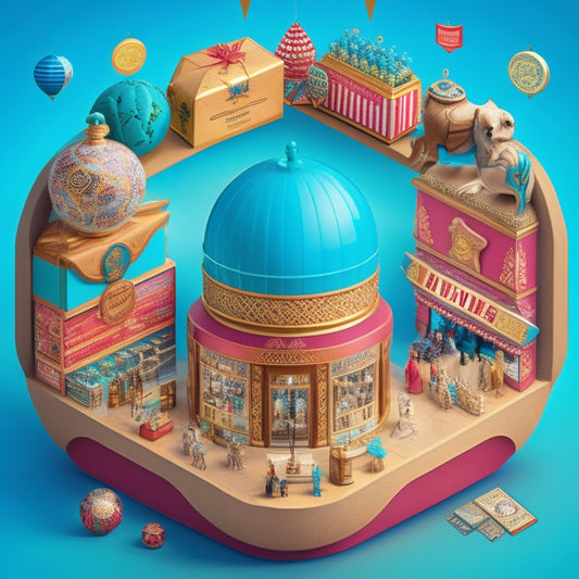 A stylized illustration of a merchant's shop with a globe in the center, surrounded by orbiting rewards badges, gift boxes, and smiling customers, with subtle digital patterns in the background.