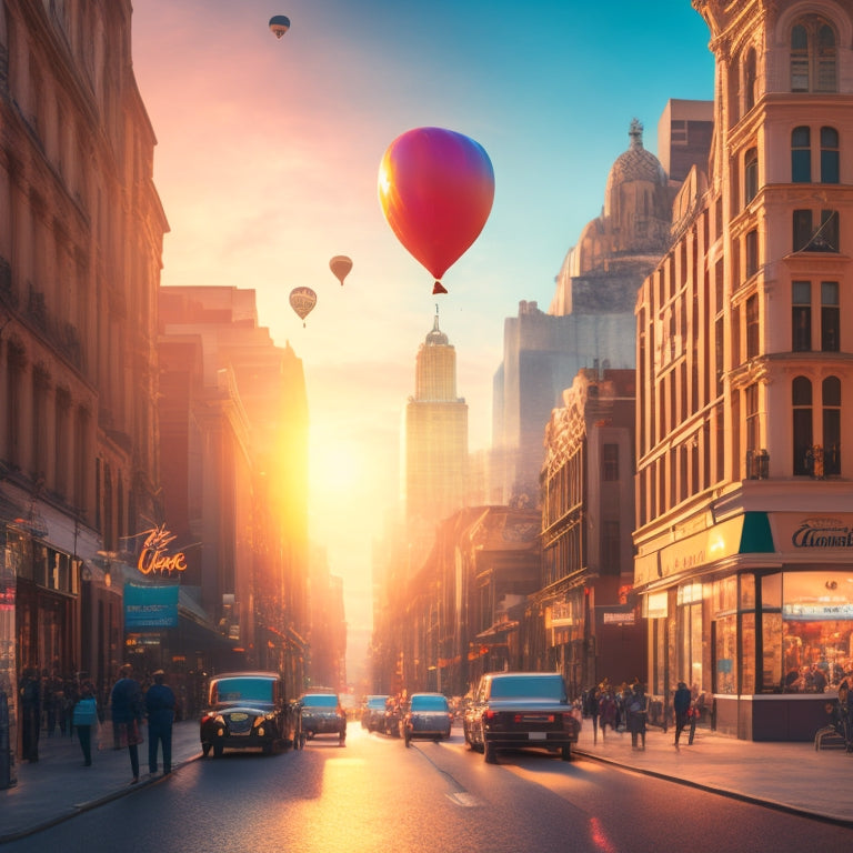 A cityscape at sunrise with diverse storefronts, each displaying unique signage, surrounded by confetti and balloons, with a subtle background of stylized credit card and payment symbols.