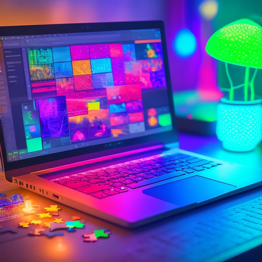 An illustration of a laptop with a glowing screen displaying a digital product dashboard, surrounded by colorful puzzle pieces, gears, and lightbulbs, conveying organized efficiency and creative innovation.