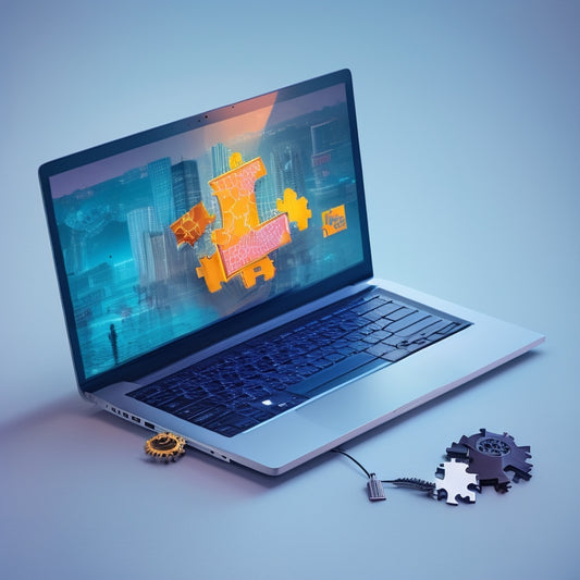 A minimalist illustration of a laptop with a broken, fragmented website on the screen, surrounded by scattered puzzle pieces, wires, and gears, transforming into a sleek, modern e-commerce website with interconnected modules and a glowing "online" symbol.