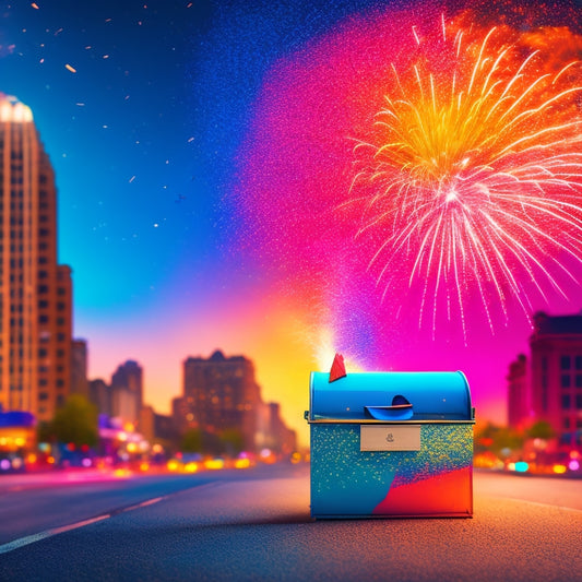 A vibrant, colorful illustration of a giant postcard bursting out of a mailbox, surrounded by confetti and fireworks, with a subtle cityscape background and a hint of sunshine.