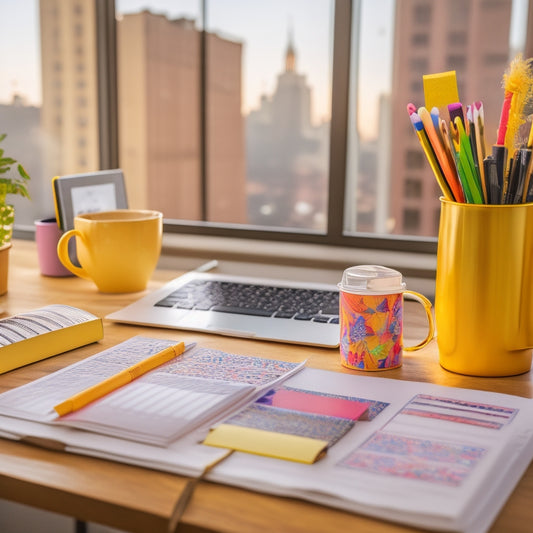 A bright, modern desk with a laptop, coffee cup, and colorful pens, surrounded by scattered planner pages, stickers, and washi tape, with a subtle cityscape background and soft, golden lighting.