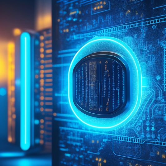 An illustration of a combination lock with glowing blue lines and circuits visible beneath its surface, surrounded by stylized email icons and subtle, shimmering light effects.