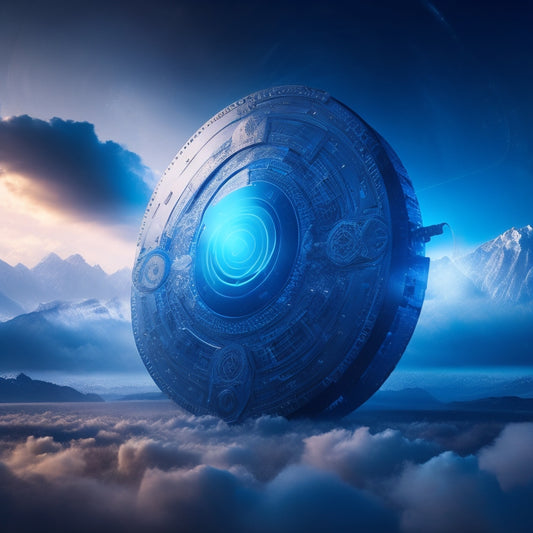 A futuristic shield with glowing blue lines and circuits, surrounded by swirling clouds of 1s and 0s, with a subtle robotic arm in the background, protecting a serene digital landscape.