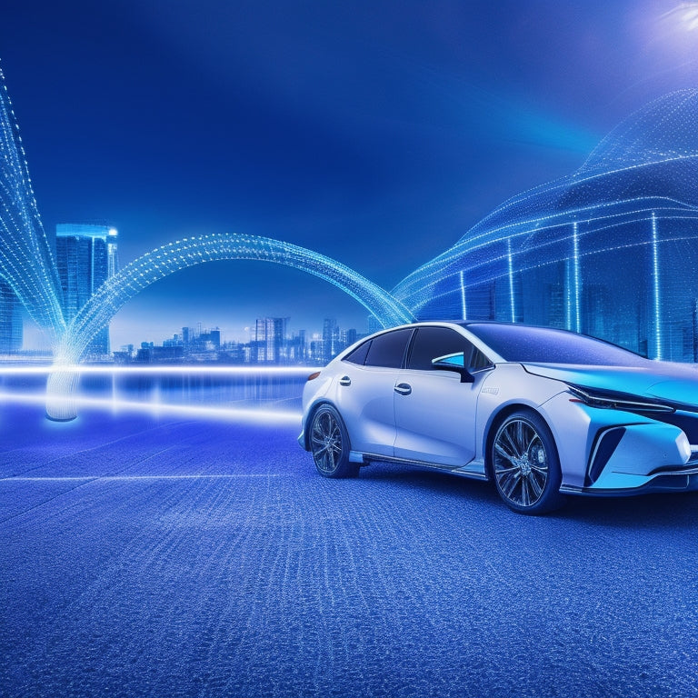 A futuristic, minimalist background with a sleek, silver Toyota car model in the center, surrounded by swirling digital circuits and glowing blue lines, with a tablet or smartphone in the foreground.