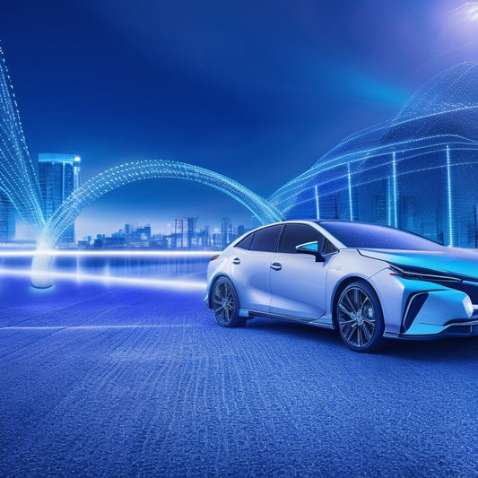 A futuristic, minimalist background with a sleek, silver Toyota car model in the center, surrounded by swirling digital circuits and glowing blue lines, with a tablet or smartphone in the foreground.