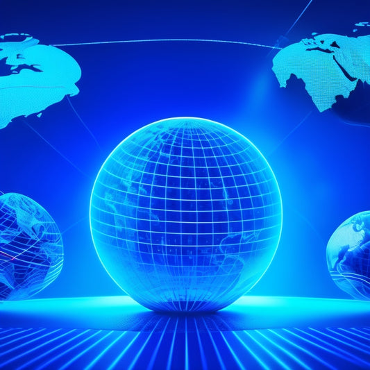 A futuristic, minimalist illustration of a globe with glowing blue lines connecting different continents, surrounded by stylized shopping bags and payment symbols, with a subtle circuit board pattern in the background.