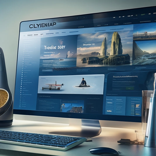 A futuristic desktop screen displaying a sleek, modern website with a prominent search bar, surrounded by various Clymer manual covers and scattered tools, with subtle mechanical and digital elements blending together.