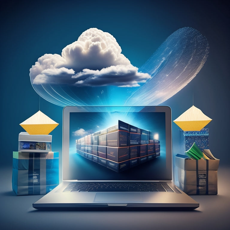 A stylized illustration of a laptop with a glowing screen, surrounded by overflowing shopping bags and boxes, with various digital icons (clouds, charts, and graphs) rising from the screen in a swirling motion.