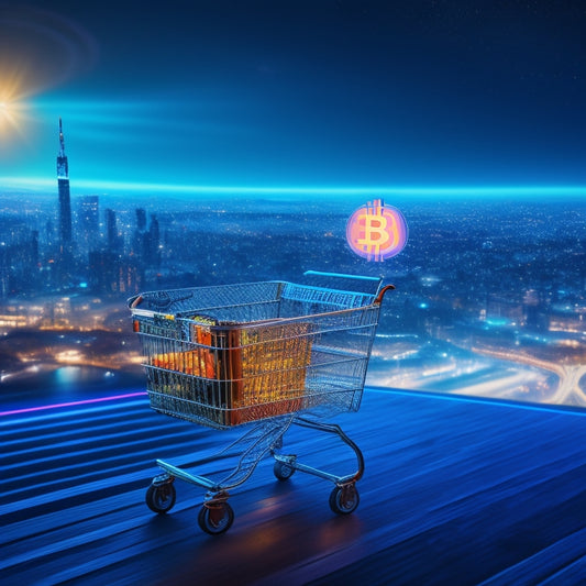 A futuristic shopping cart with a glowing bitcoin symbol hovering above it, surrounded by swirling digital patterns and minimalistic cityscape in the background, with a subtle glow effect.