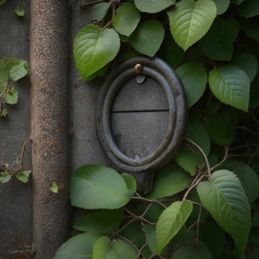 A padlocked, rusty, old-fashioned keyhole on a worn, stone-gray concrete wall with ivy crawling up the side, surrounded by a mesh of crisscrossing, barbed wire.