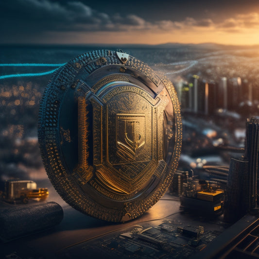 A shield with a padlock at its center, surrounded by circuit boards and wires, with a faint university building silhouette in the background, conveying security and online protection.