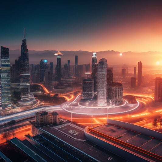 Illustrate a futuristic dashboard with interconnected gears, charts, and graphs, surrounded by floating e-commerce icons, such as shopping carts and bags, amidst a subtle cityscape background at dusk.