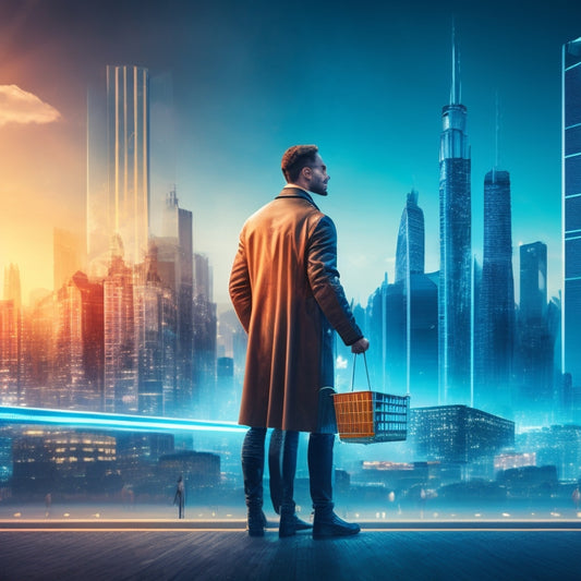 A futuristic, stylized illustration of a merchant standing in front of a cityscape with ecommerce icons, such as shopping carts and screens, rising like skyscrapers around them.