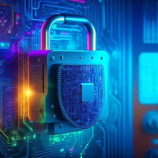An abstract illustration of a digital key unlocking a padlock wrapped around a growing chart, surrounded by swirls of code and pixels, with a subtle background of circuit boards and motherboards.