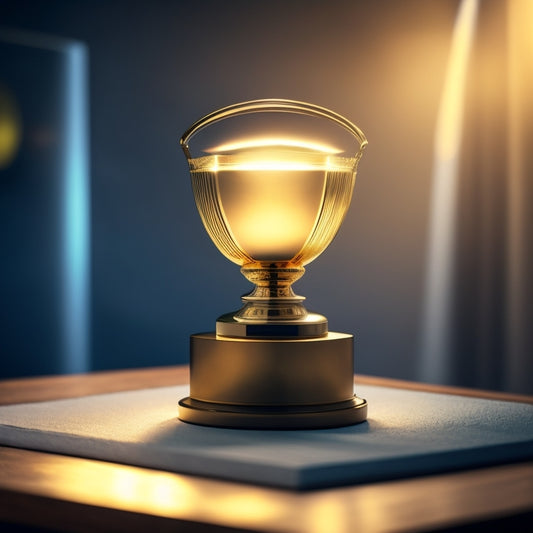 A golden trophy surrounded by a halo of light, with a subtle glow emanating from it, placed on a sleek, modern desk with a few stylishly arranged gadgets and a minimalist background.