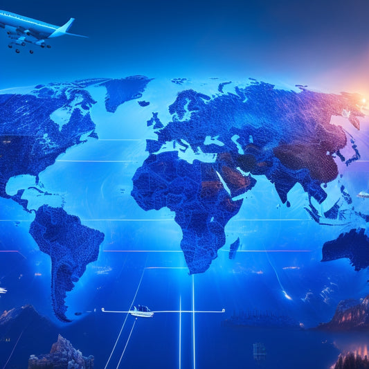 A stylized illustration of a globe with glowing blue shipping routes and interconnected nodes, surrounded by speeding delivery trucks, cargo ships, and planes, amidst a backdrop of rising charts and graphs.