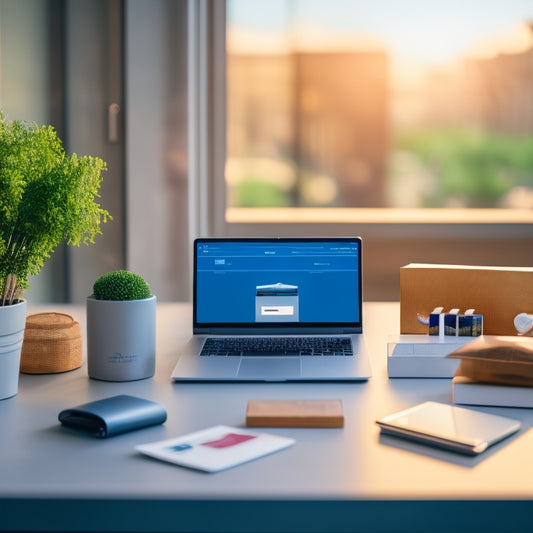 A futuristic, minimalist desk with a sleek laptop displaying a Shopify dashboard, surrounded by scattered product packaging, shopping bags, and a few e-commerce related icons, set against a blurred cityscape background.
