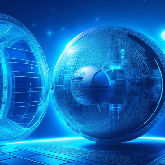 A futuristic, high-tech background with a subtle grid pattern, featuring a large, metallic padlock with glowing blue circuits and a miniature globe at its center, surrounded by orbiting, tiny credit cards.