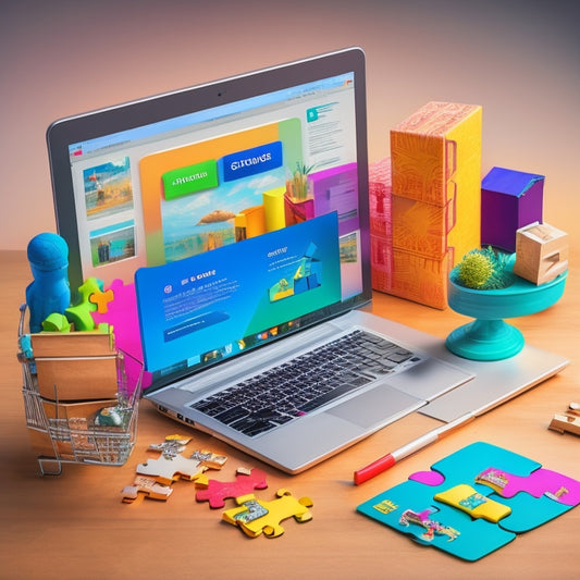 A stylized illustration of a laptop opened to an e-commerce website, with 7 colorful puzzle pieces surrounding it, each containing a different icon (e.g. shopping cart, analytics graph, etc.)