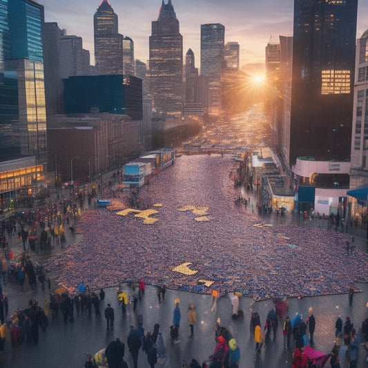 A vibrant cityscape at dusk with people of diverse ages and backgrounds gathered around a large, glowing puzzle piece, fitting together to form a website icon, amidst swirling newspaper clippings and confetti.