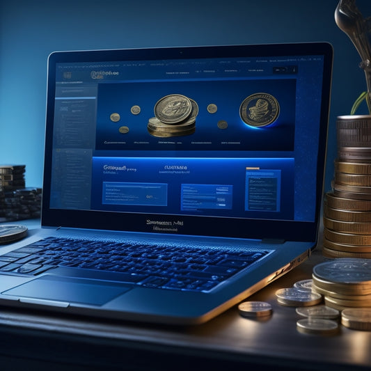 A split-screen image with a dark blue background on the left, featuring a laptop with a glowing ecommerce website on the screen, surrounded by coins and a growing chart.
