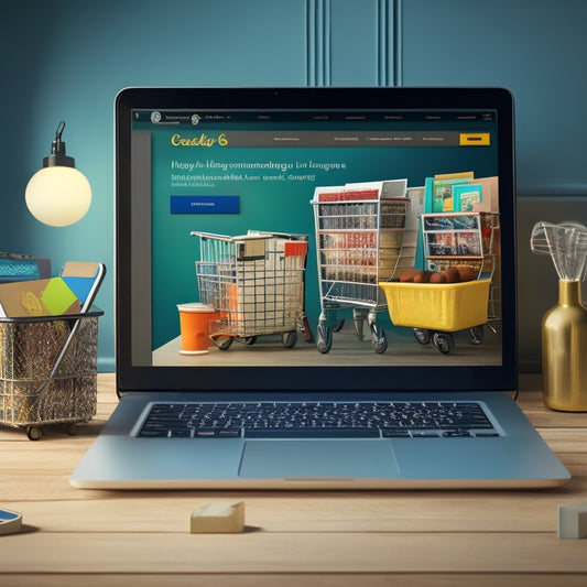 A stylized illustration of a laptop screen displaying a digital storefront with various downloadable products, such as ebooks, software, and music, with shopping carts and download icons surrounding it.