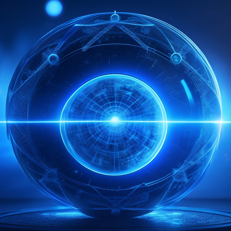 A futuristic, spherical hub with glowing blue circuits, surrounded by orbiting Acumatica logos, connected to a stylized, 3D ecommerce icon with swirling arrows and pulsing lights.