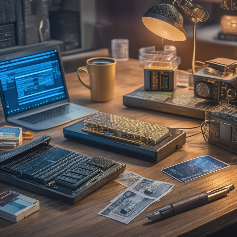 An illustration of a merchant's desk with a laptop, credit card terminal, and stacks of cash, surrounded by subtly visible circuitry and wires, conveying the behind-the-scenes of payment processing.