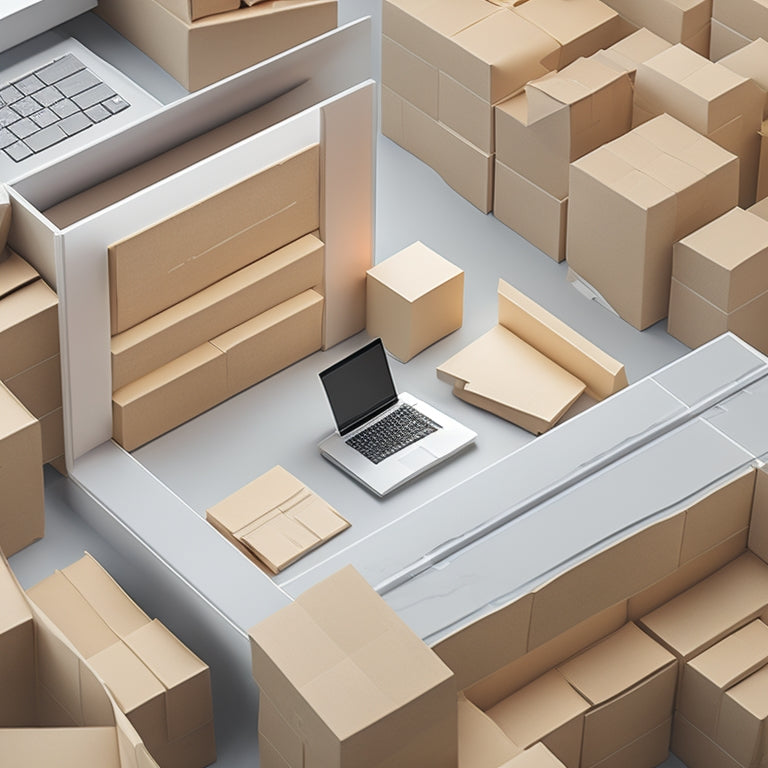 A minimalist illustration of a person effortlessly navigating a maze, with a subtle e-commerce platform background, surrounded by organized product boxes and a sleek, modern laptop.