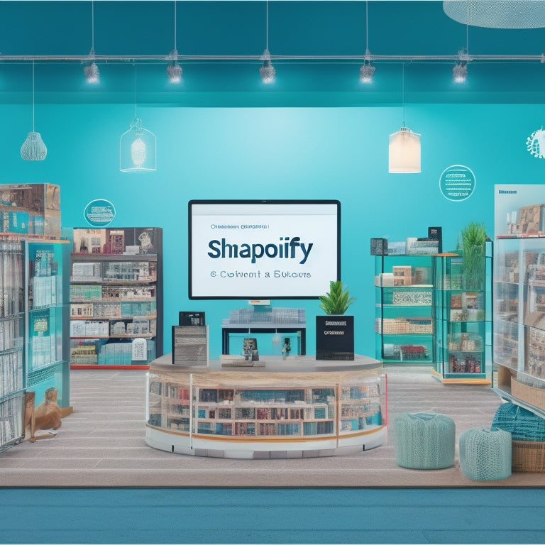 An illustration of a Shopify storefront transforming into a virtual hub, with digital products and services radiating from the center, surrounded by orbiting icons of e-books, courses, and subscription boxes.